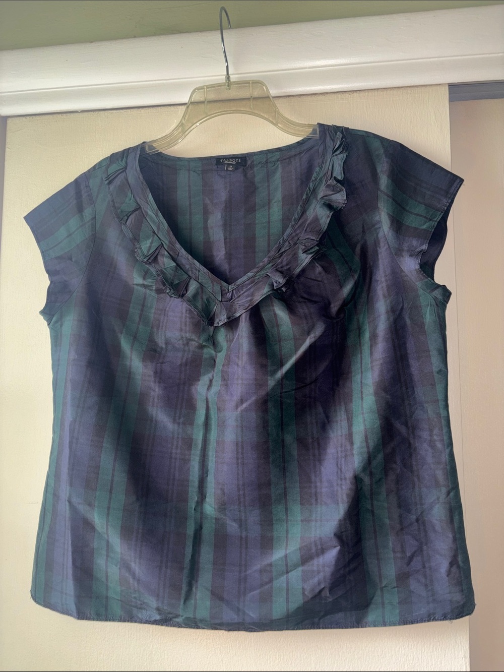 Talbots Navy and Green Plaid Ruffle V-Neck Silk Blouse